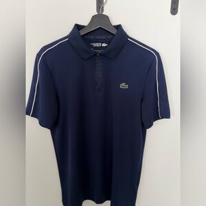Lacoste Navy Polo with White Shoulder Piping and Green Croc
